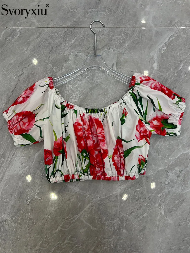 Svoryxiu Fashion Runway Designer Summer Vintage Short Tops Women's Lantern Sleeve Flower Print Loose Slim Vacation Party Tops