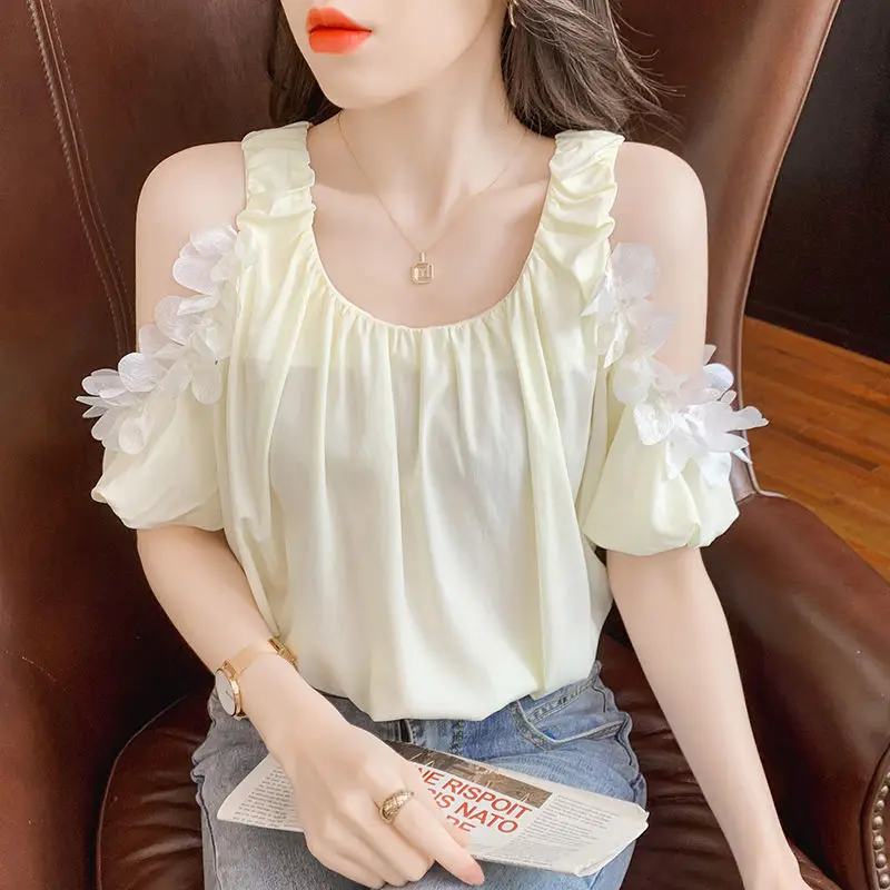 Sweet Off Shoulder O-Neck Tie Flowers Loose Puff Sleeve Shirt 2022 Summer New Commute Tops Elegant Female Clothing Chic Blouse