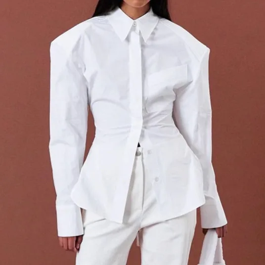 Bangniweigou-Camiseta blanca elegante con recortes dibujados y espalda descubierta para mujer, camisa de manga larga con una botonadura