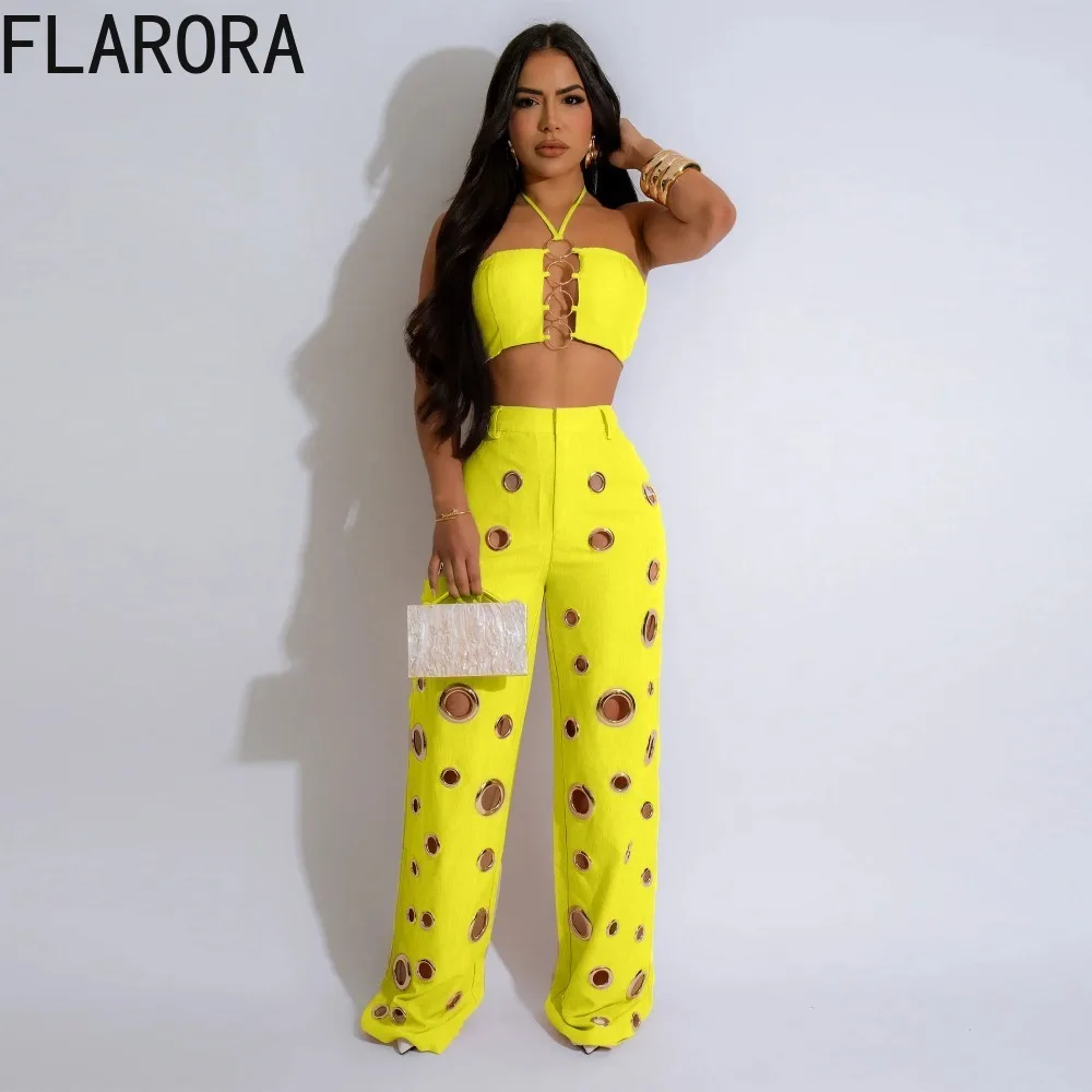 FLARORA Y2k Hole Sequined Wide Leg Pants Streetwear Sexy Solid Halter Sleeveless Backless Tops And Pants Women's Two Pieces Set