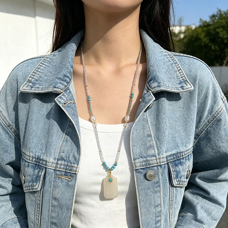 Nothing Plate Agate Crystal Pearl Necklace, Baroque Medium-Long Knitwear Chain, Neo-Chinese Style, 70cm Adjustable