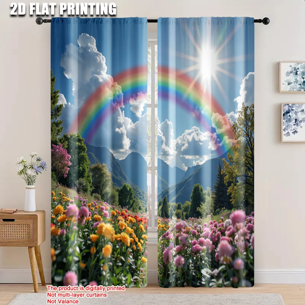 

2pcs, 2D flat printing Window Curtains flower field Durable Polyester,Without Electricity Party Decorations Perfect for