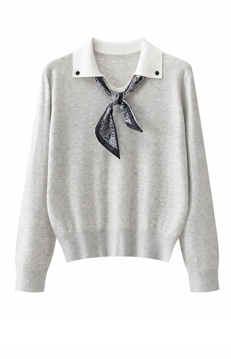 ML62115 Damen-Pullover mit Polokragen, Langarm, Strickpullover mit Kontrastkragen, Modal-Mischung mit Schal, lässiger Pullover für den Frühherbst – Detail 9