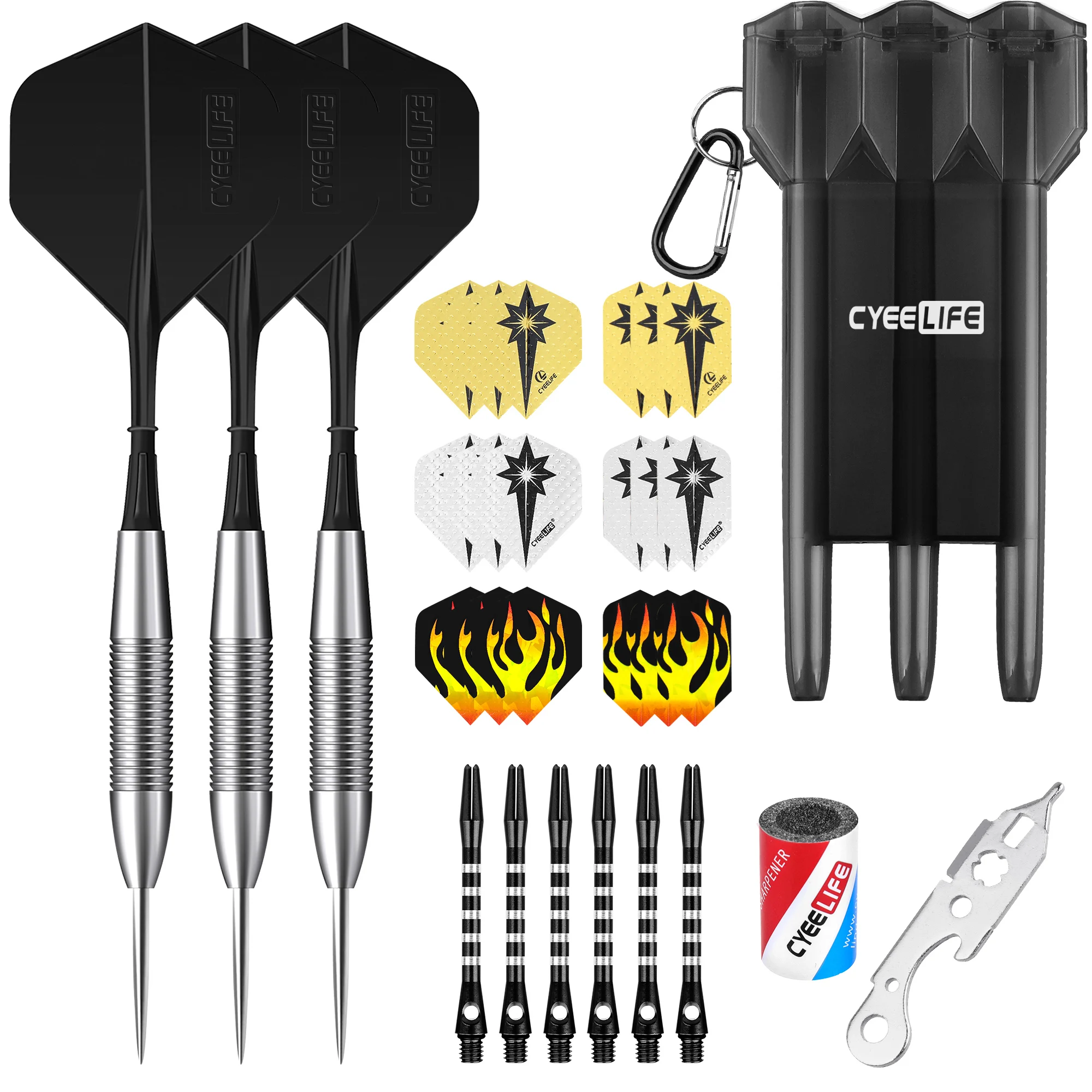 

CyeeLife 90% Tungsten Steel tip darts 21/23/26/28/30g and Carrying case,Aluminum Shafts+Sharpener+Tool