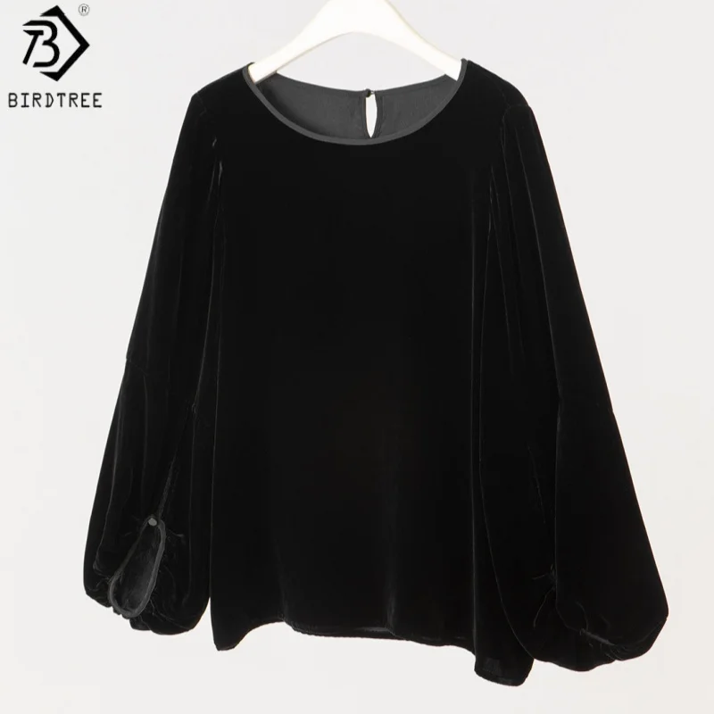 

Birdtree, базовая ткань, 100% шелковая бархатная блузка, женский пуловер с рукавами-фонариками в стиле ретро, элегантные черные свободные топы, новинка 2026 года T61318JF