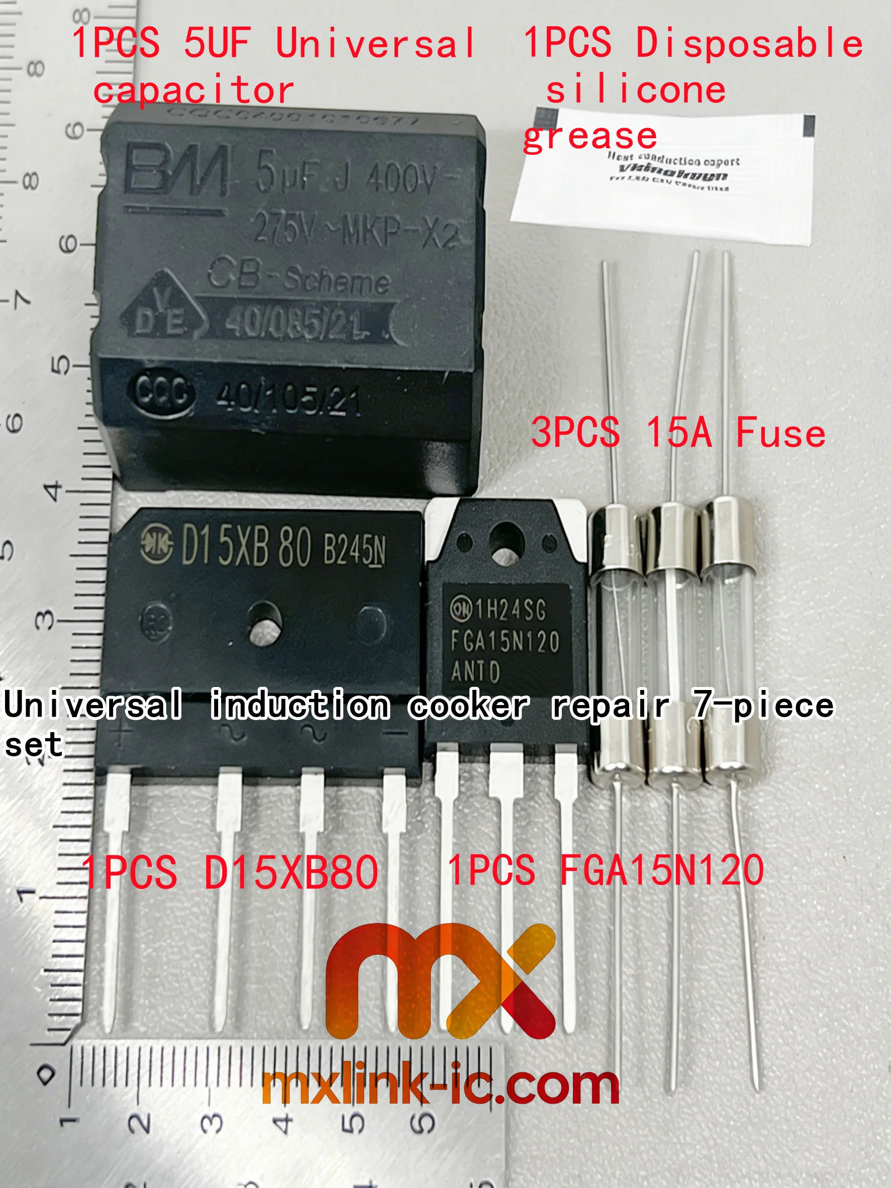 1 Set Universal Repair Component Kit for Induction Cooker FGA15N120ANTD + 15A Fuse + 25A Rectifier Bridge D15XB80