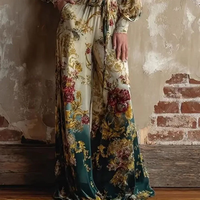 

Женский комбинезон с широкими штанинами и ретро-принтом, сексуальный, с глубоким V-образным вырезом, с вырезами, для вечеринок, весна 2026, с длинными рукавами, с поясом