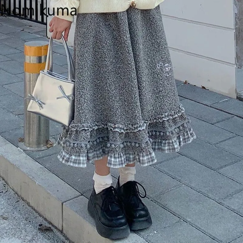 Japońska spódnica damska Kawaii Patchwork Plaid Ruffles Jupe 2024 Faldas Mujer De Moda Wysoka talia Big Swing Vintage Letnie spódnice