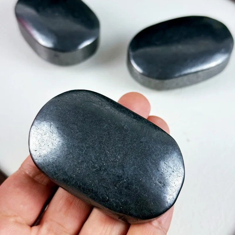 Natural Shungite Palm Stone, Polished Raw Crystal Worry Stone for Desk Decor, Relax Gift