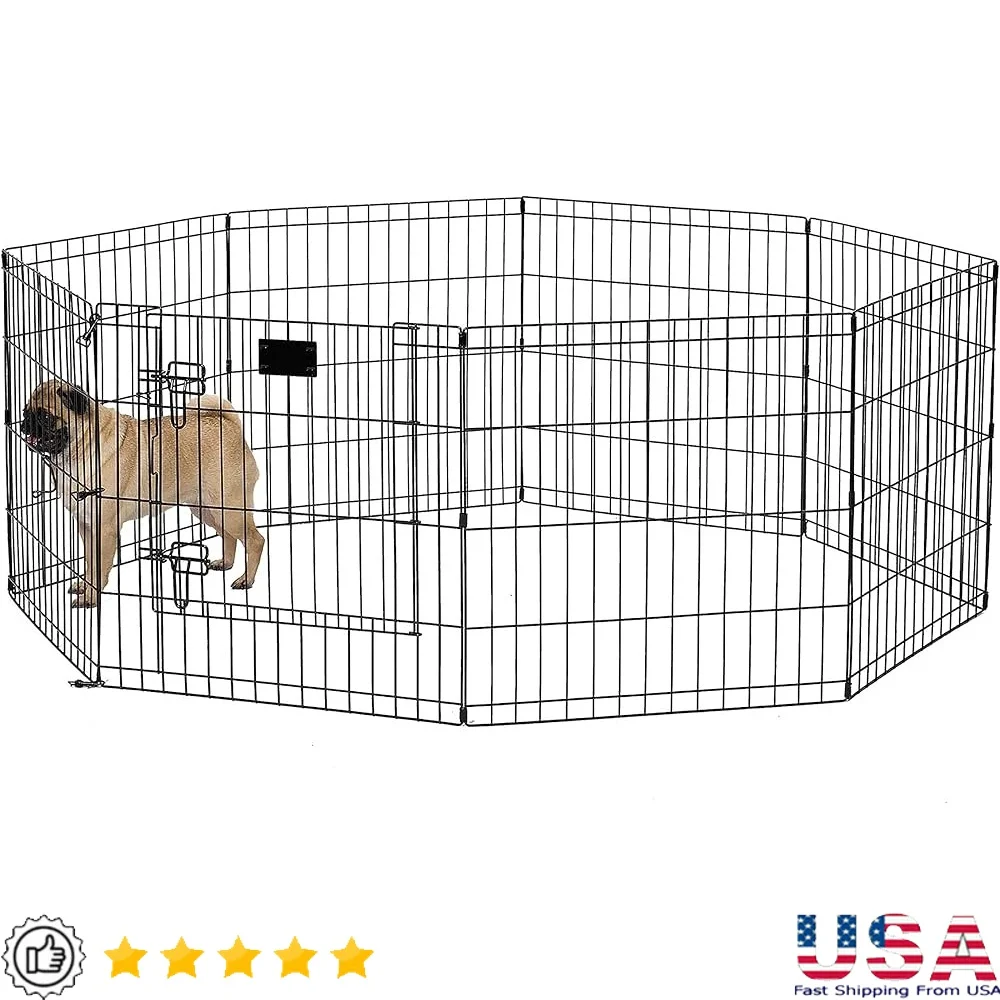

Dog Exercise Pen Playpen Metal Pet Play Area Folding Panels 16 Sq Ft Outdoor Use Easy Assembly Includes Ground Anchors