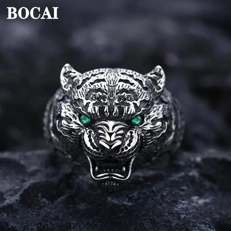 BOCAI S925 Silver Jewelry Accessories Retro Domineering Personality Tiger Head Ring for Men Fashion Christmas Gift