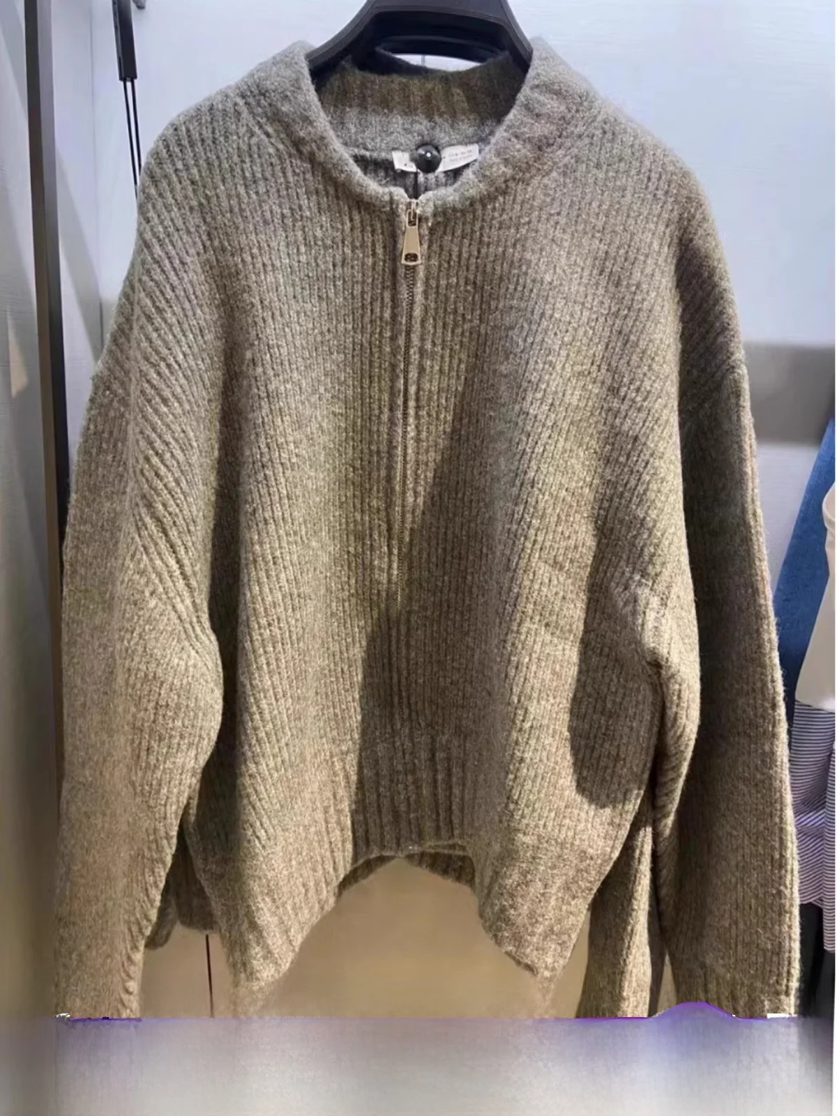 

Ladies' Lazy Zipper Knitted Pilot Jaet Open Cardigan Autumn Winter New Sle Loose Fit Long Sve round Ne Pullover Coat