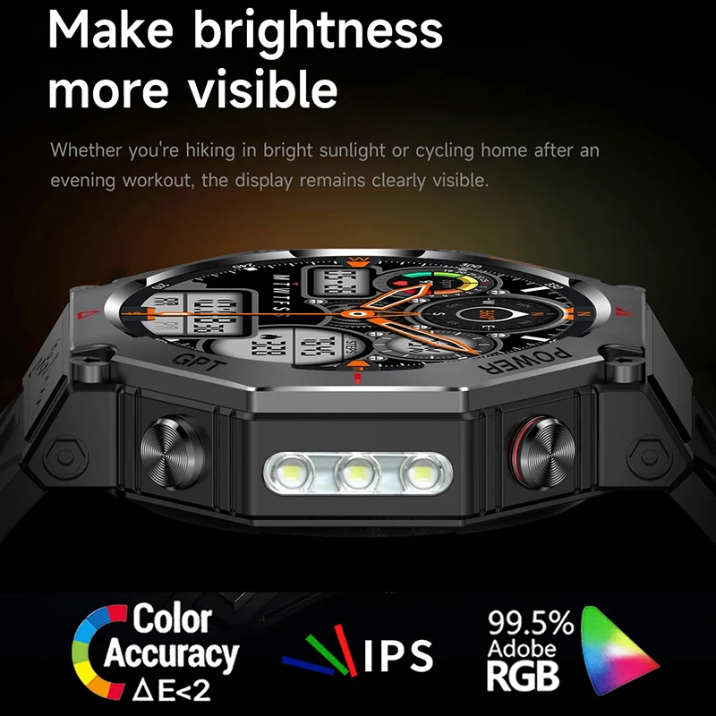 رجل ساعة ذكية GPS العسكرية في الهواء الطلق الساعات الرياضية 530mAh مصباح يدوي قوي البوصلة معدل ضربات القلب ChatGPT BT دعوة Smartwatch الرجال