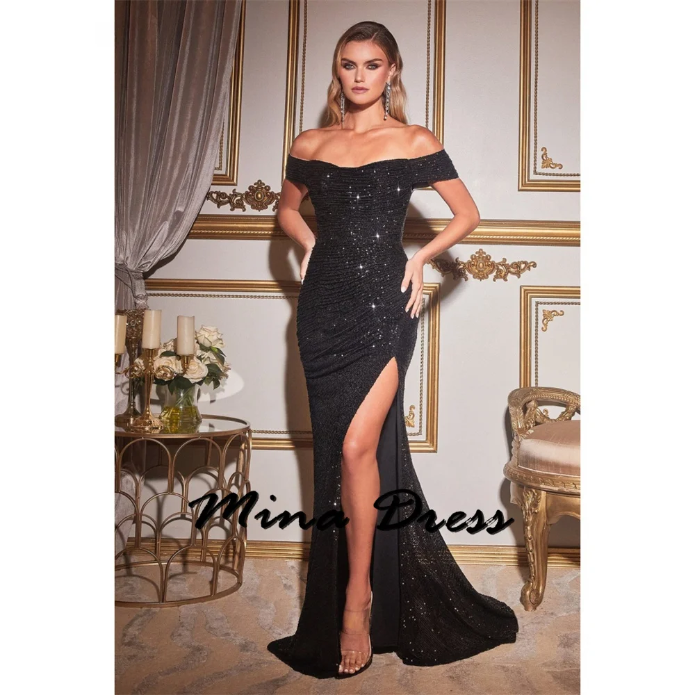 

Mina Customized Backless Evening Dresses 2024 Luxury Dress for Weddings Dropped Shoulder Slit Sequins Elegant Party Dress Es