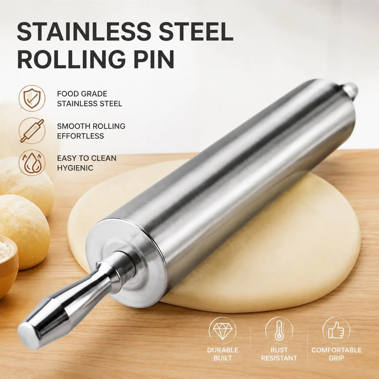Heavy-Duty Stainless Steel Rolling Pin for Pasta and Dough – 595mm Long Commercial Kitchen Tool