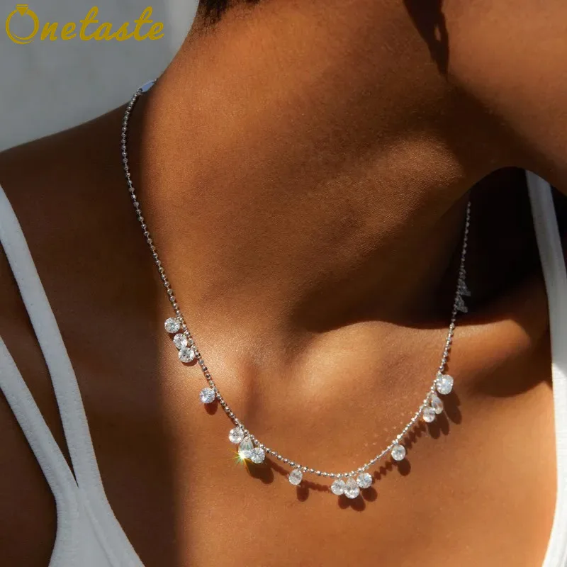 

925 Sterling Silver 7A Cubic Zirconias Cluster Charms Station Necklace For Women Court Style Shining Beaded Chain Necklaces Gift