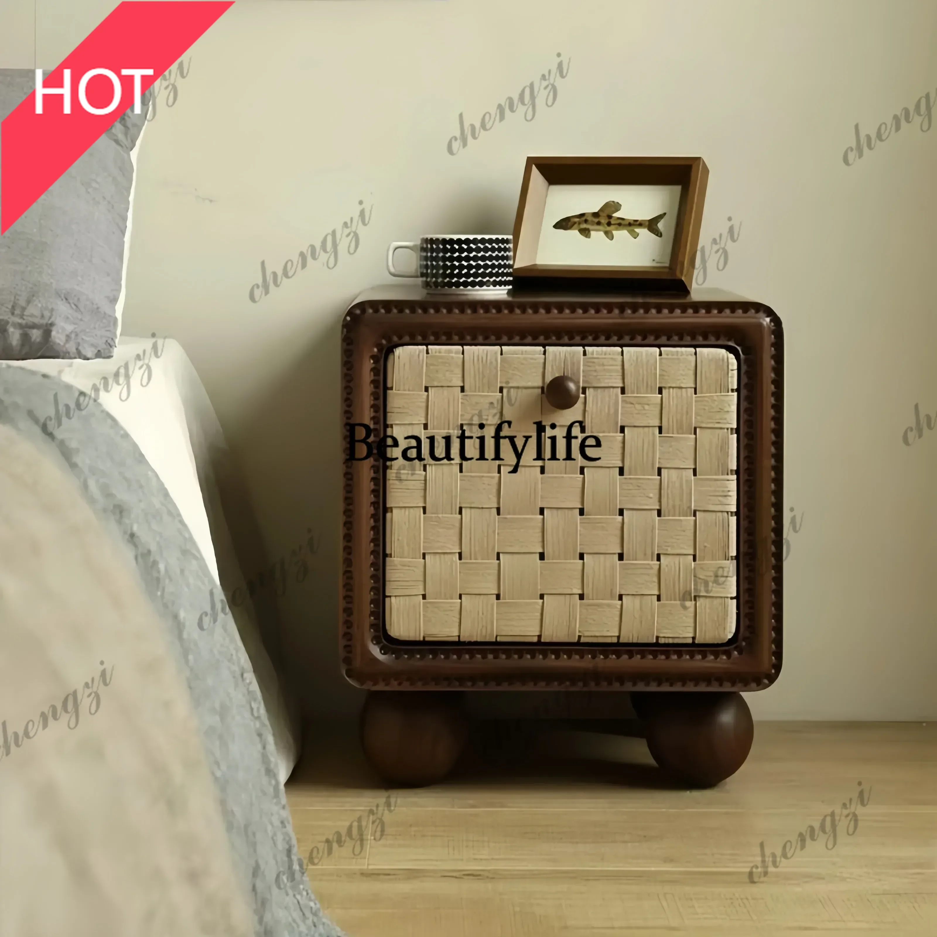 Woven bedside locker French antique handmade modern retro style home bedroom bedside table