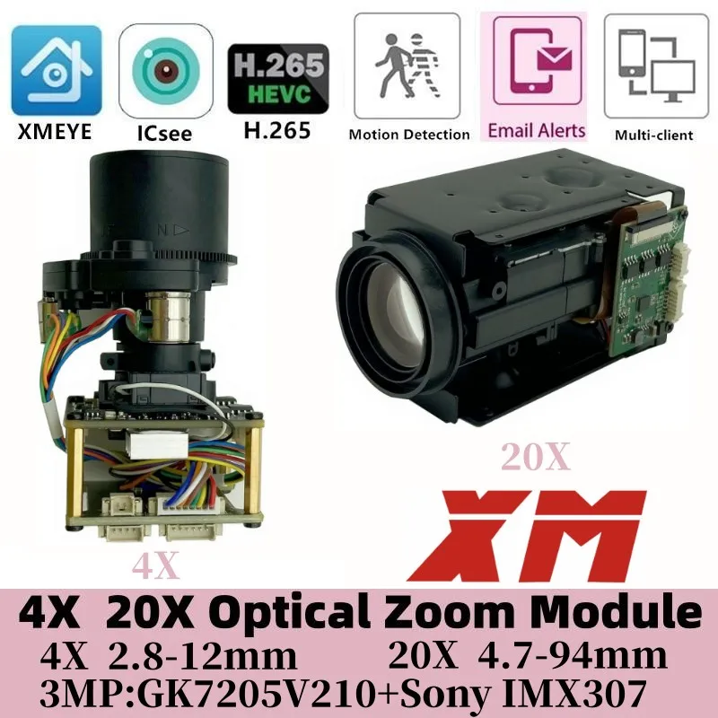 XM 4X 20X 2.8-12mm 4.7-94mm Electric Zoom Module GK7205V210+IMX307 IP Camera Module Board 3MP 2304*1296 ONVIF XMEYE ICsee RTSP