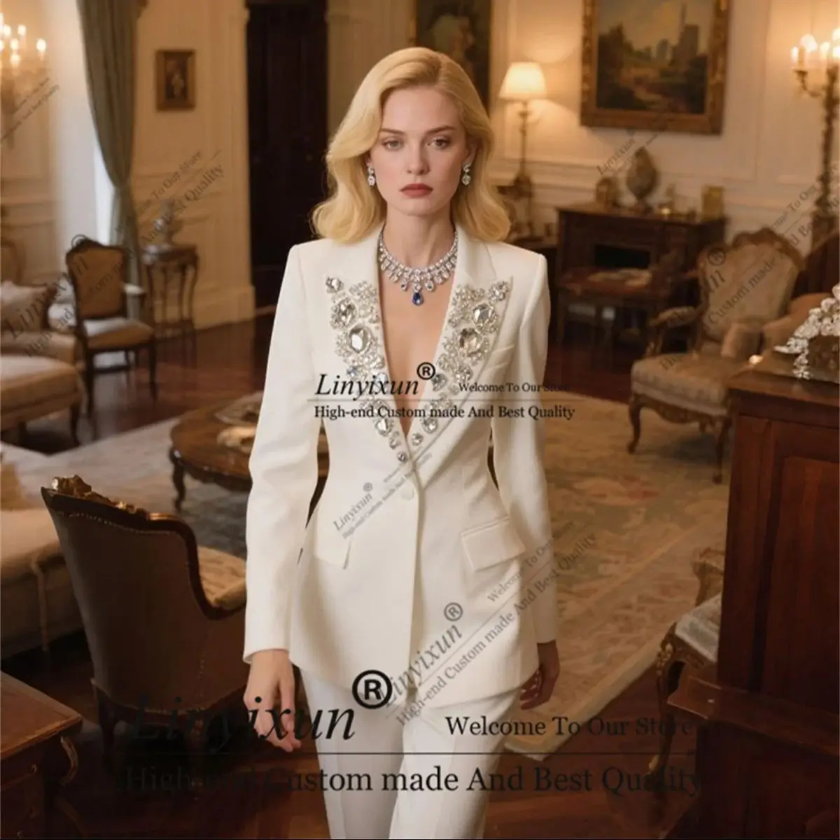 

Luxury Diamond Ornament Ladies Pant Suits Women Prom Blazer 2 PiecesFormal Office Uniform Style Female Trouser Customized