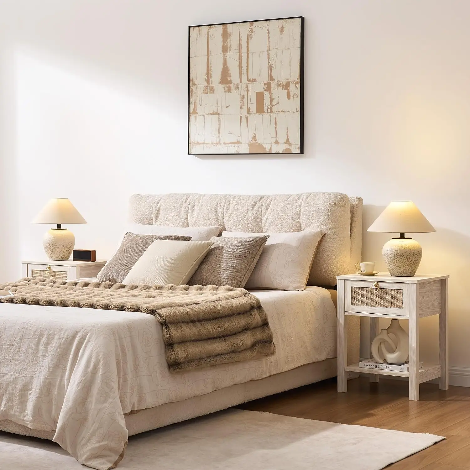 White Rattan Nightstand Set of 2 with Storage Shelf Bedroom Furniture, Customized