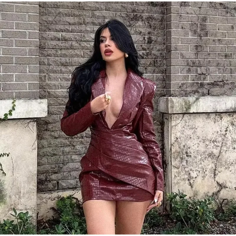Sexy Burgundy Deep V Leather Mini Dress Women Lattice Shoulder Pads Long Sleeve High Waist Fold Dresses Lady Slim Short Robes