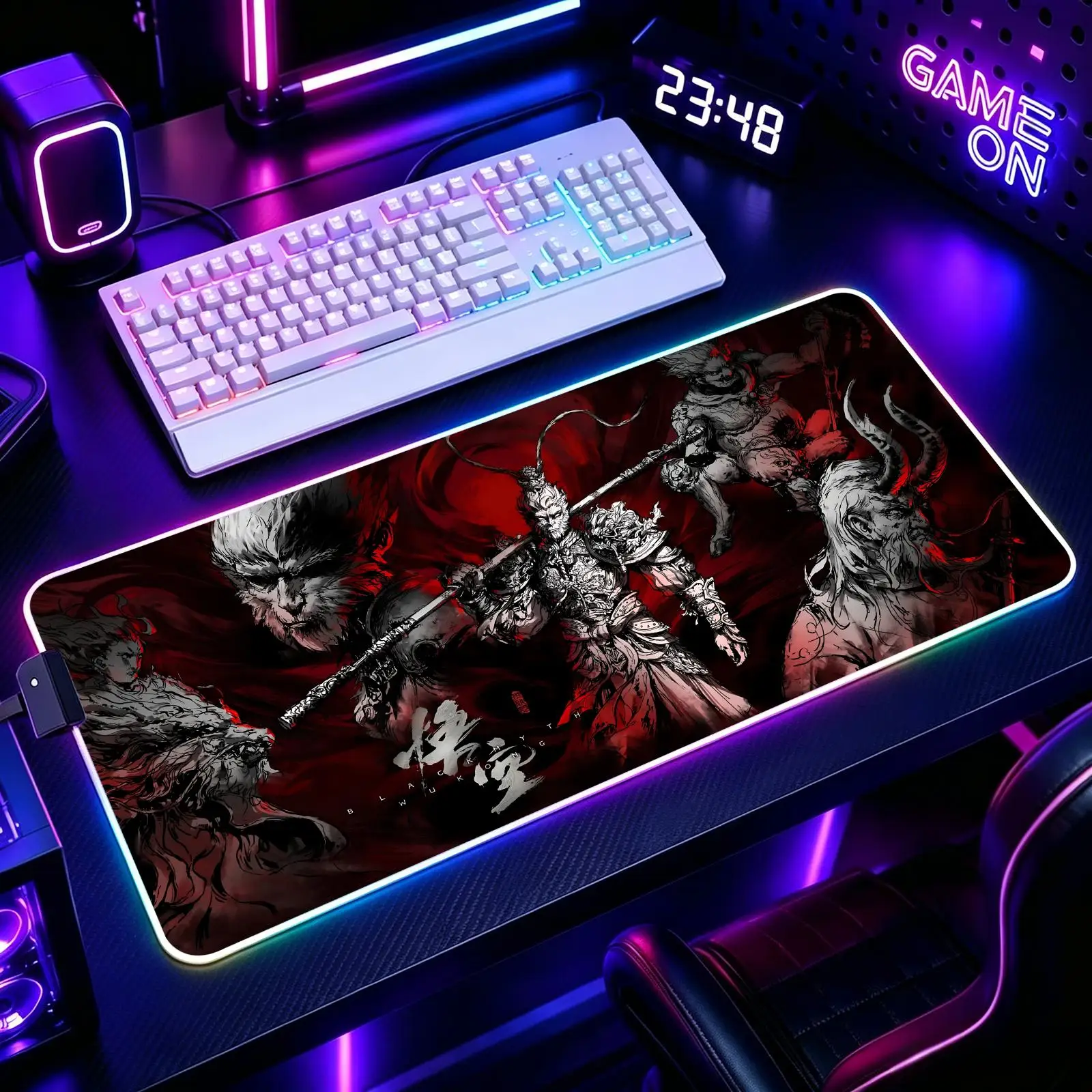 Black Myth Wukung  Mouse Pad RGB Color Changing Gaming Mouse Pad, Stitched Edges, XXL Non-Slip Large Keyboard Desk Mat
