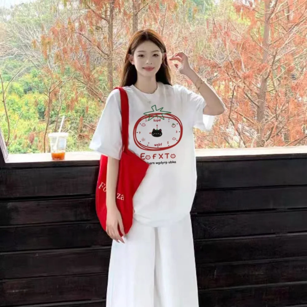 Casual Loose Tomato Timer Printing Short Sleeve T-shirt American Retro Simple Daily Versatile Round Neck Top For Women