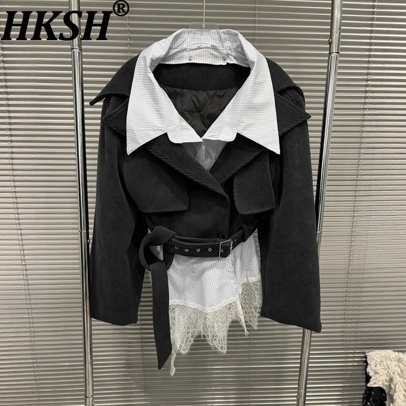 

HKSH Autumn Winter New Women Warm Coat Patchwork Lace Color Block Versatile Turn-Down Collar Chic Elegant Thicken Jacket HK16783