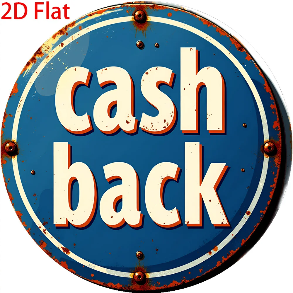 Vintage Cash Back Metal Sign 8x8 Inch – 2D Flat Retro Round Wall Art, Weathered Blue Red Rustic Decor for Kitchen Bar Garage Caf