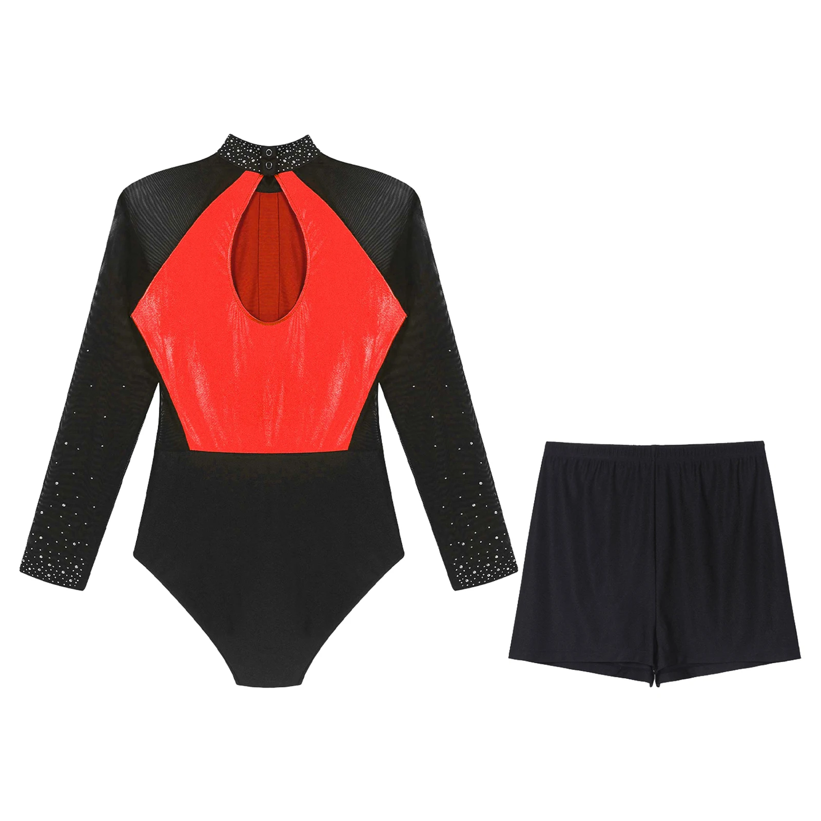 Tenue de danse de ballet avec biscuits brillants pour femmes, justaucorps AqLeotard, maille transparente, combinaison de batterie à manches longues, ensemble de shorts pour le patinage artistique