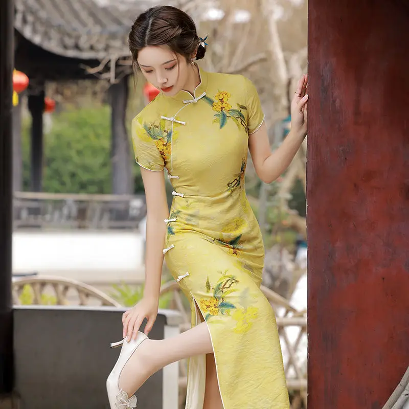 Cheongsam 2022 New Women\'s Summer Young Elegant High-end Daily Retro Republic of China Yellow Long Chinese Style