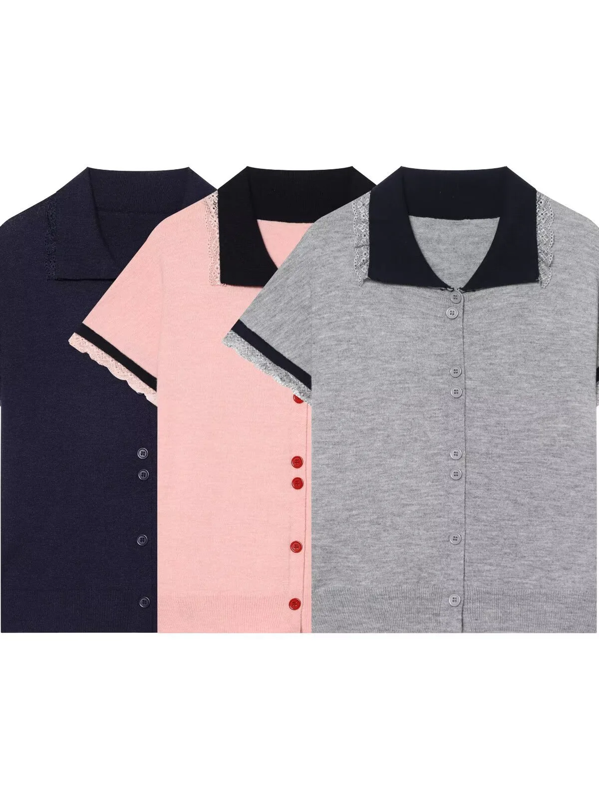Dave&Di New Cross-border European And American Minimalist Lapel Lace Contrasting Short Sleeved Breasted Cardigan