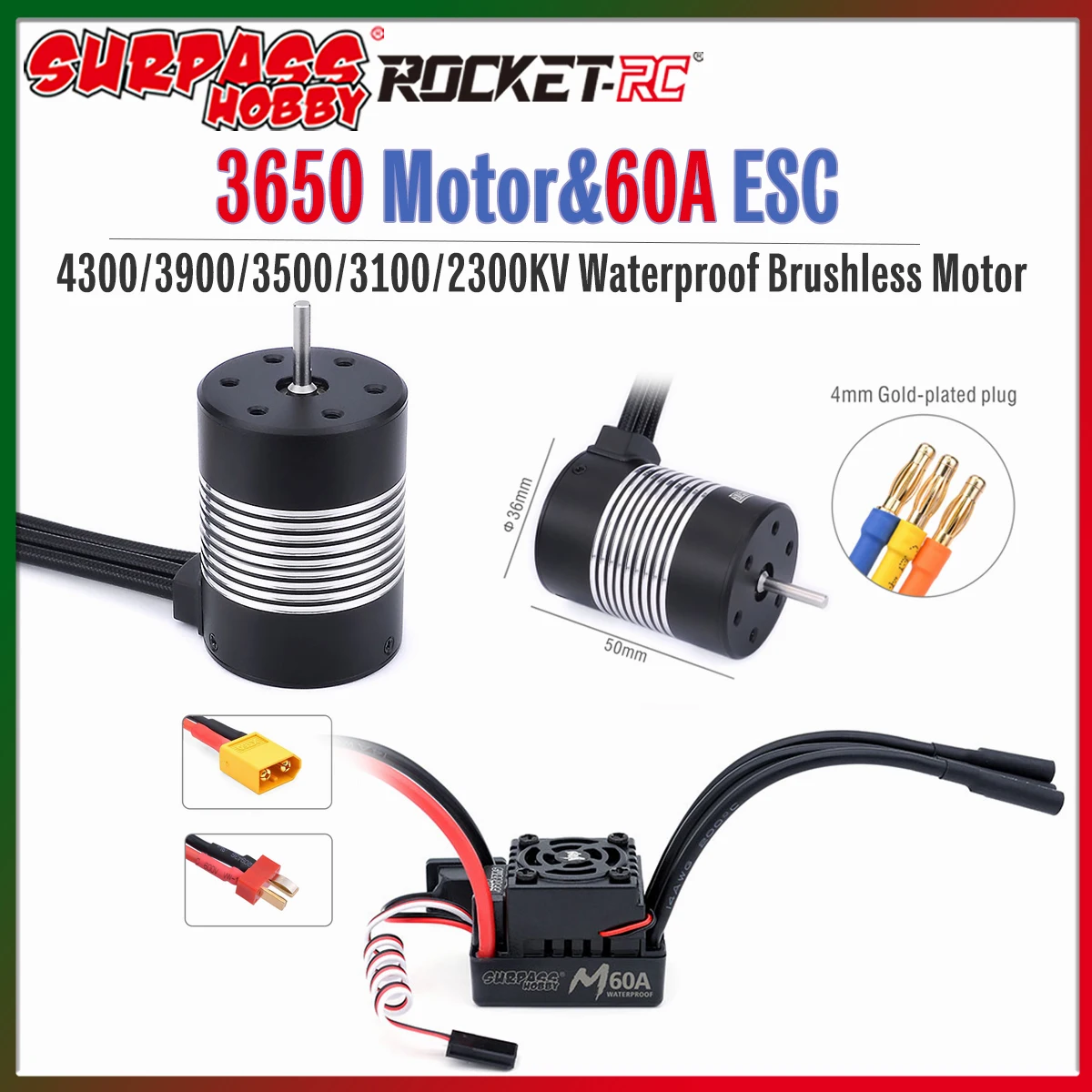 

Бесщеточный водонепроницаемый мотор Rocket 3650 4300/3900/3500/3100/2300KV с регулятором скорости 60A ESC для радиоуправляемых моделей 1/10 (автомобили, лодки) Wltoys Tamiya