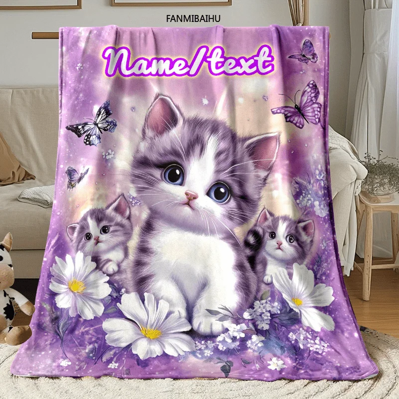 Customized name cat blanket soft flannel suitable for all seasons, multifunctional, cute cat butterfly design, lightweight