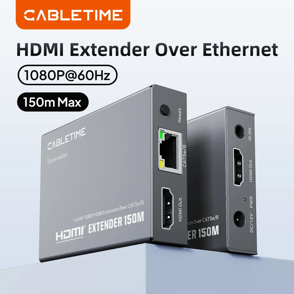 CABLETIME HDMI Extender Over Ethernet 1080P@60Hz Support IR Remote Metal Shell 150m Max HDMI Loop Out for PS5 Monitor