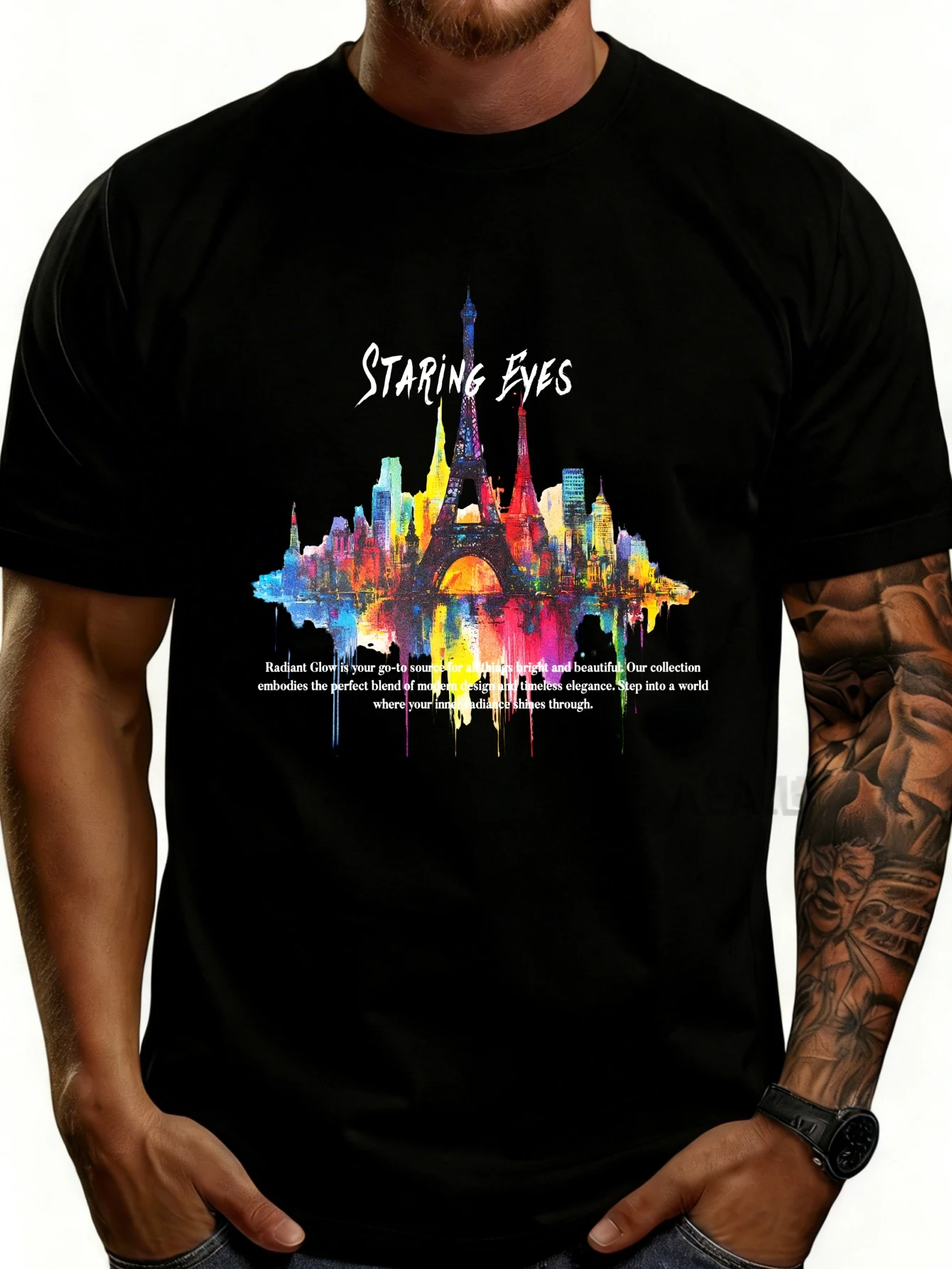 Artistic City Landscape Design Men's T-Shirt with Open-Eyed City Skyline Print, Summer Casual Wear, Fashionable Gift Idea