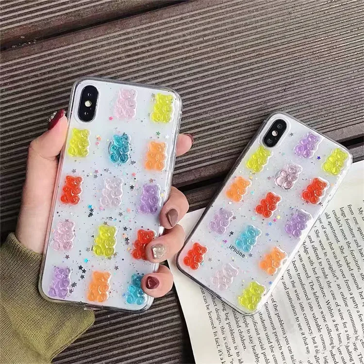 Cute 3D Colorful Bear Drop Glue Phone Case for iPhone 16 15 14 13 12mini 11 Pro Max XS X XR 7 8 Plus Shockproof Protective Cover view 3