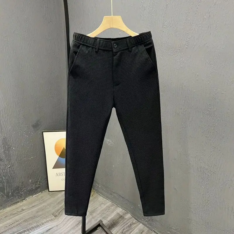 

Men's Wfle Texture High-Waisted Pants Slim-Fit Cropped Trousers Casual Daily Office Elastic Waist Pants