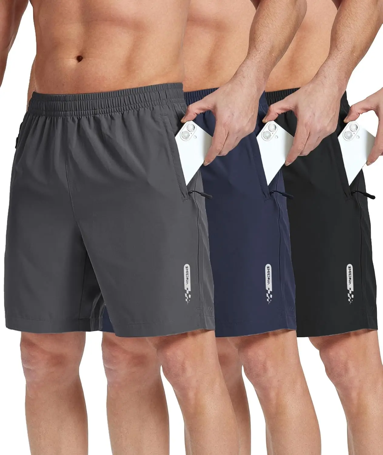 3 Pack Mens Athletic Running Shorts 7' Gym Workout Shorts with Zipper Pockets Lightweight Sports Shorts