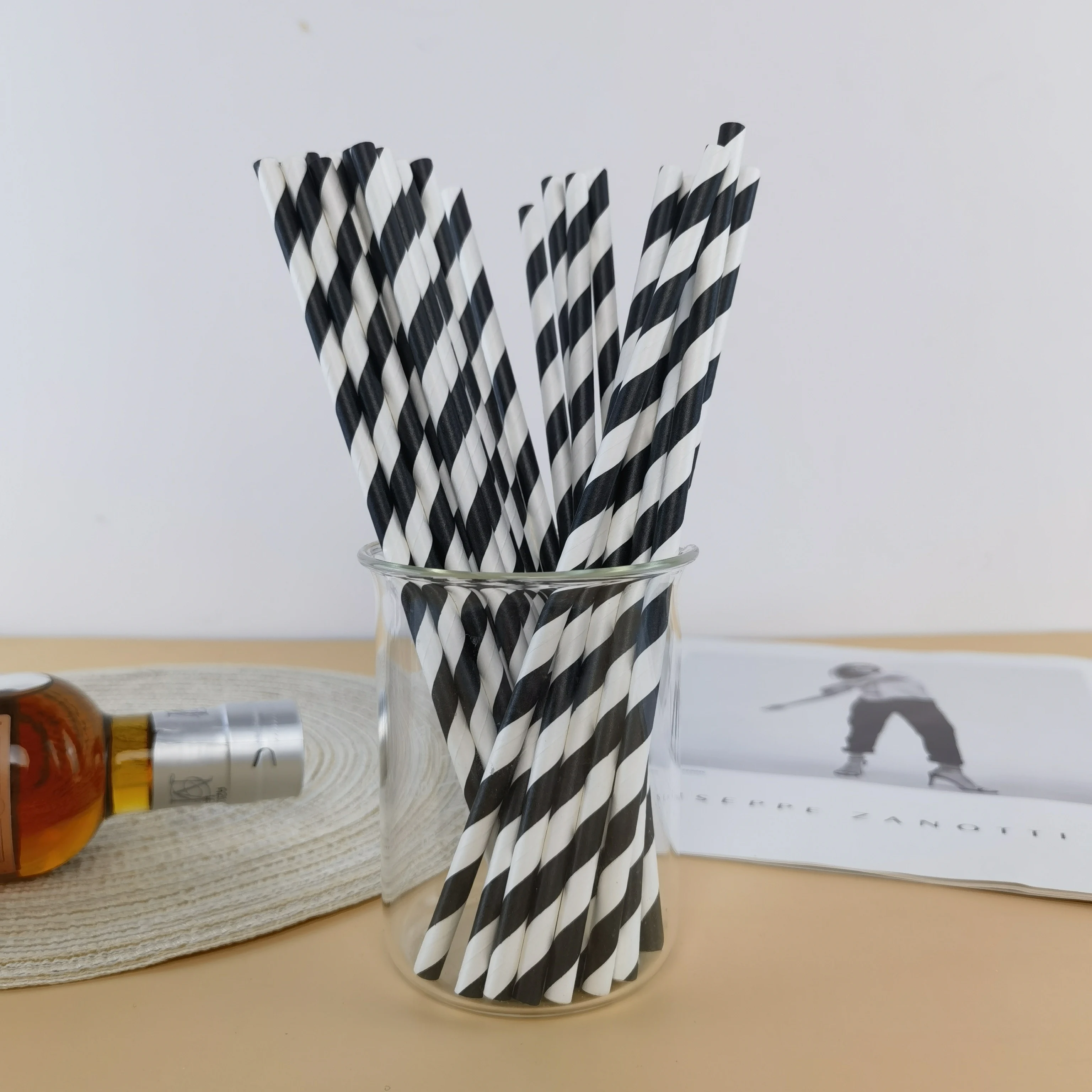 Black Stripe Cold Style Biodegradable Straw Paper Material Food Grade Drinking Straw Restaurant Bar Hotel Disposable Decoration