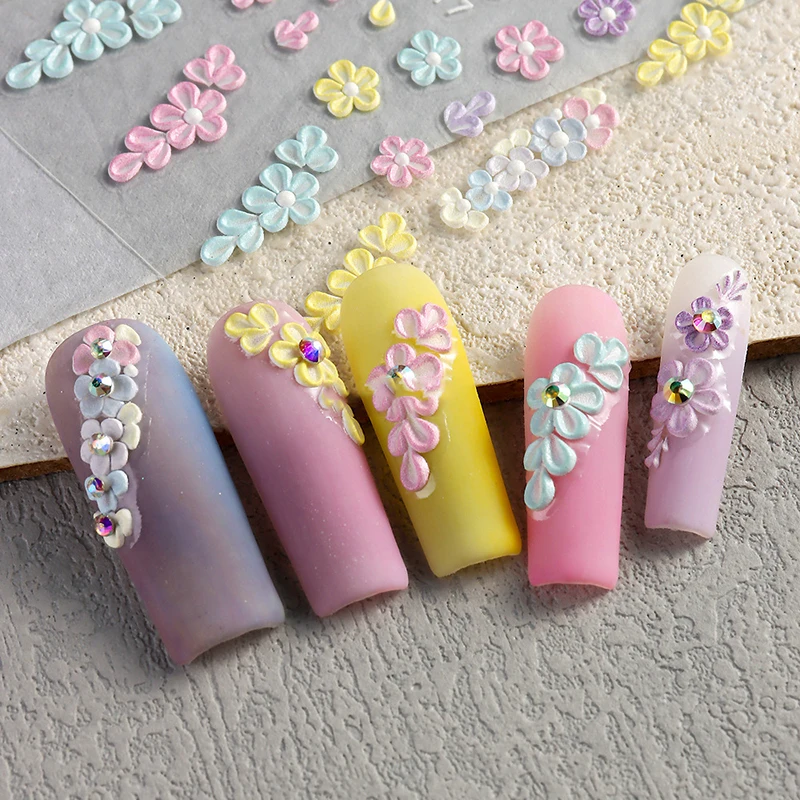 1ชิ้นสติกเกอร์ตกแต่งเล็บลายนูน5D สีสันสดใสดอกกุหลาบผีเสื้อแถบเลื่อนสำหรับเล็บกลีบสีขาวสติ๊กเกอร์ทำเล็บ