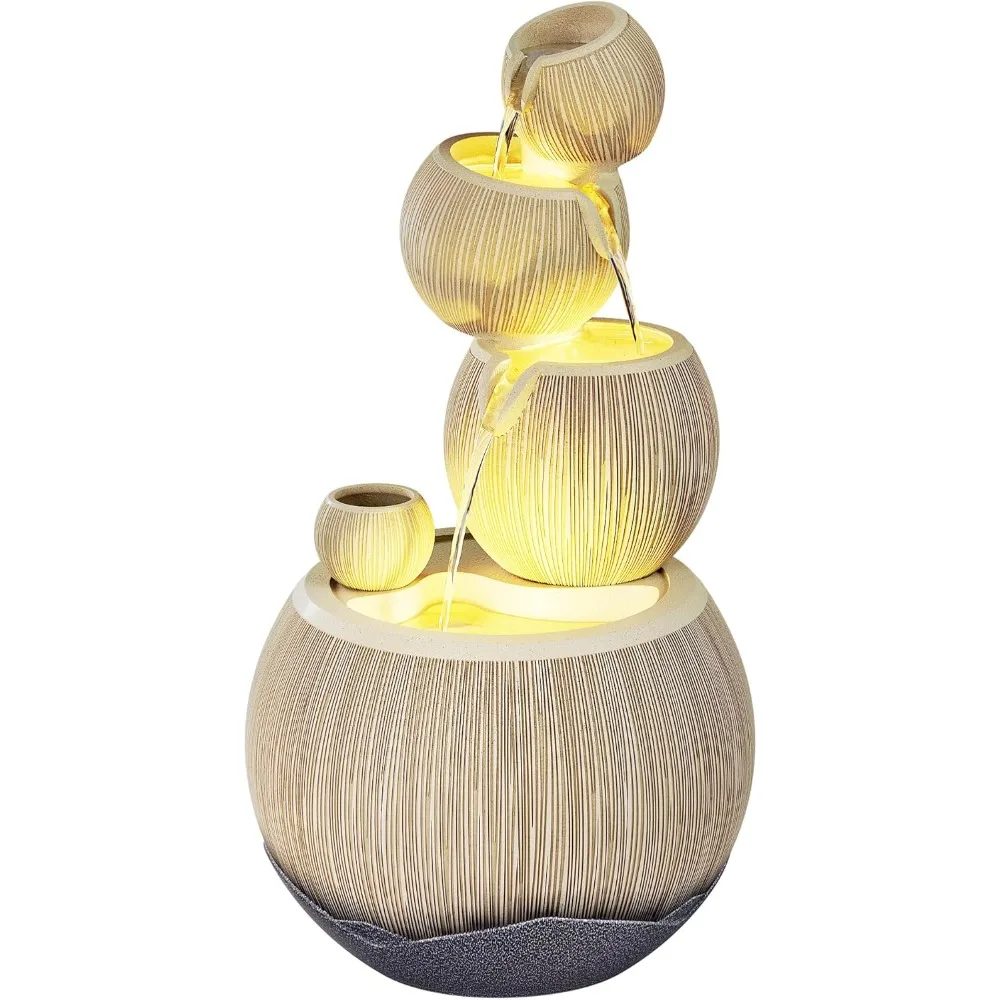 39H Outdoor Garden Water Fountain, 4-Tier Large Waterfall Resin Fountain with LED Lights, Mini Aquarium for Garden and Patio