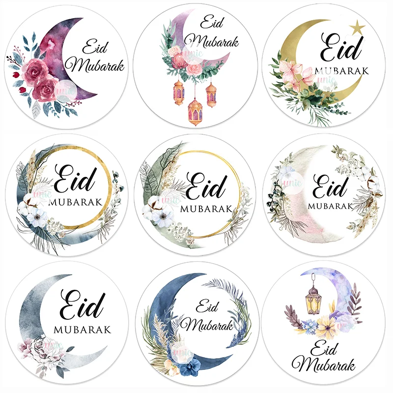 3.5/4.5cm Eid Mubarak Floral and Moon Paper Sticker Lablels Gift Lable Seal Sticker Islamic Eid Al-fitr Celebration Party Supply