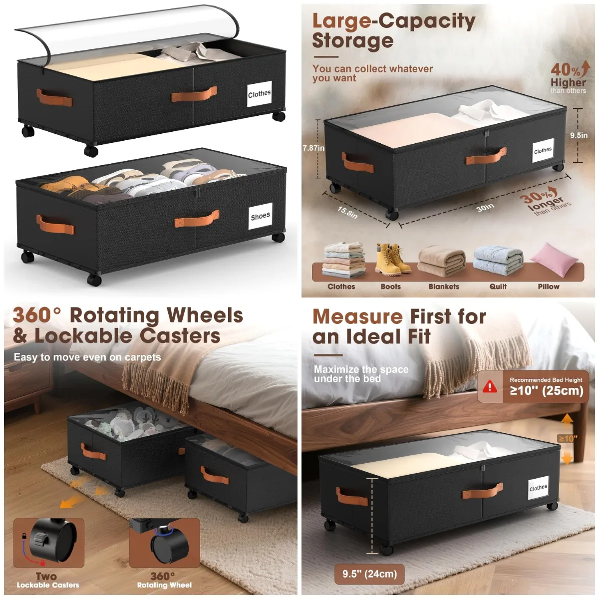 

Under Bed Storage Containers with Wheels, 9.5' High, 2-Pack for Dorms, Bedrooms, Nursery – Organize Shoes, Clothes, Toys