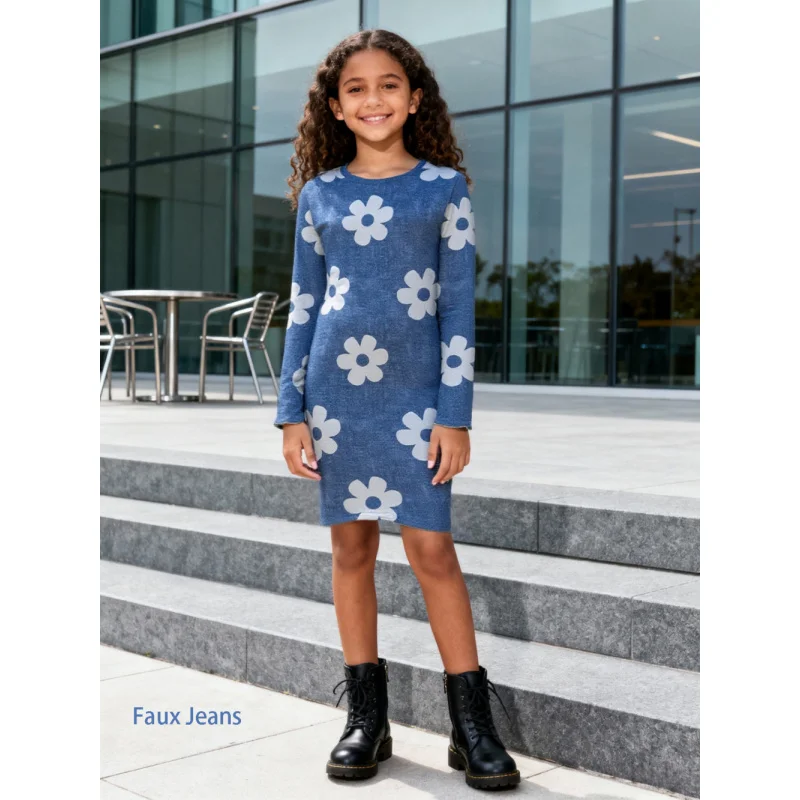 

2025 Fashion Cool Girls' Imitation Denim Printed Long - Sleeve Dress, Slim Hip - Wrap Dress
