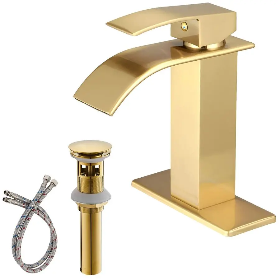 

Brushed Gold Bathroom Faucet Modern Waterfall Single Hole Faucet for Bathroom Sink Single Handle with Pop Up Drain with Overflow