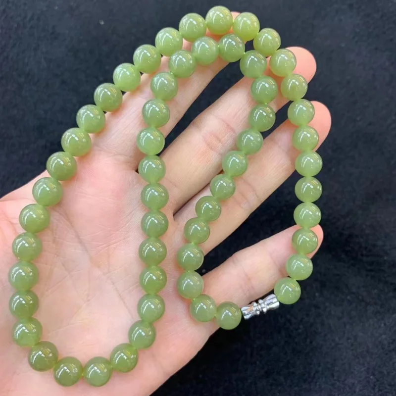 Natural Green Yellow Mouth Mother Chain round Beads No Black Dots Size 8M Hetian Jade Necklace