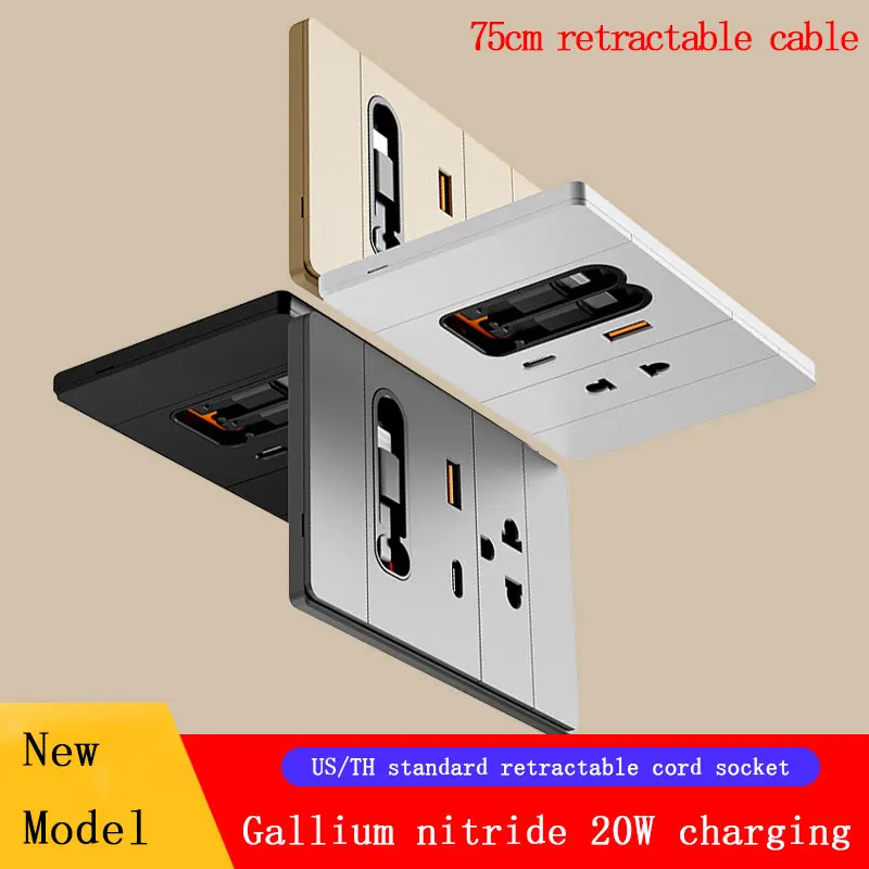 118-Type Wall Embedded Socket With US Standard Thai USB GaN 20W Fast Charging Type-C Lightning Port And 75cm Retractable Cord