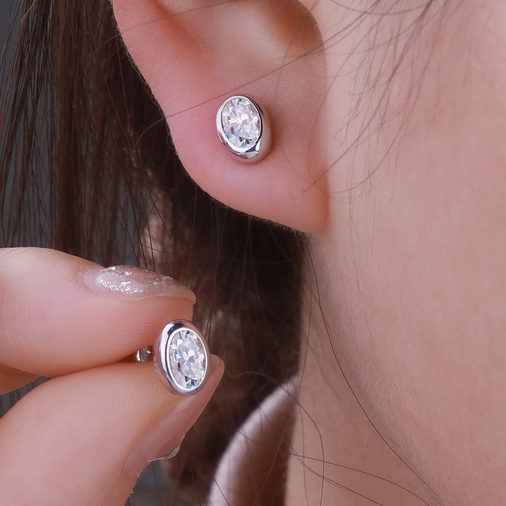 

Oval Cut Moissanite Stud Earrings 4x6mm Bezel Set Solitaire Earrings for Women 18K Gold Plated 925 Sterling Silver Jewelry Gifts