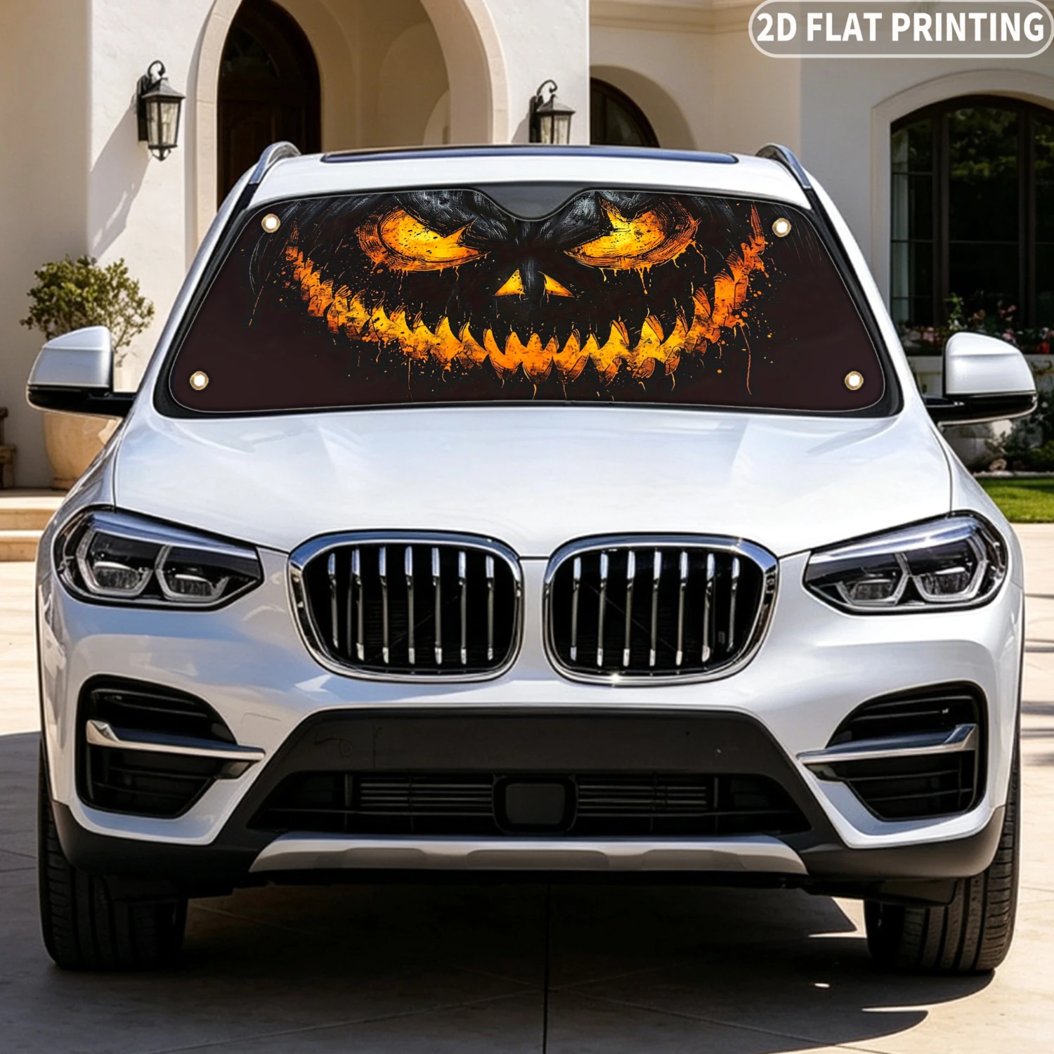 1pc Universal Car Windshield Sunshade, With Scary Pumpkin Face Design Print 2D FLAT Printing Design, A Sunshade With 4 Suction